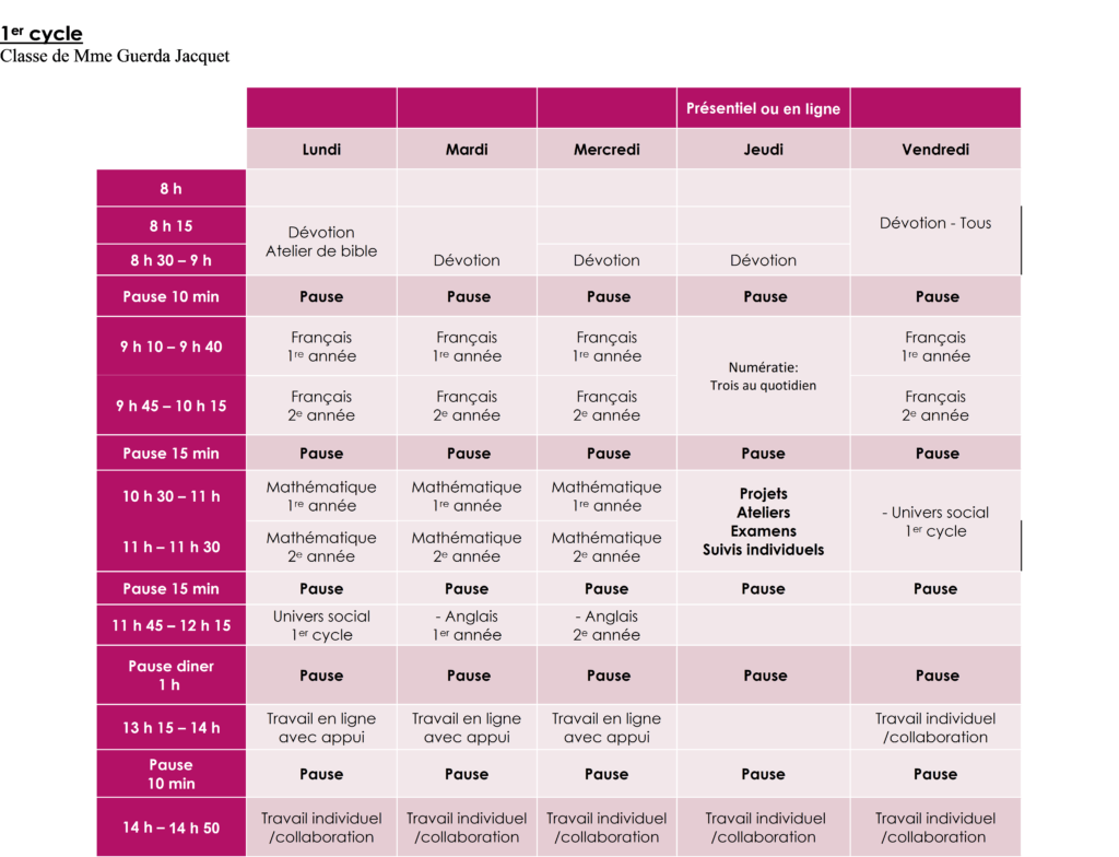 Horaire du 1er cycle - Académie Étoile d’Orion